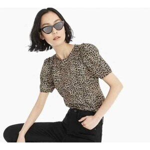J Crew XS Leopard Print Short Sleeve Top Cotton Puff Sleeve